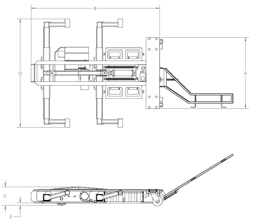 A technical drawing of a pallet jack viewed from the top and side. Dimensions are marked with letters A to E. The top view shows the length, width, and internal components, while the side view displays the height and handle mechanism.