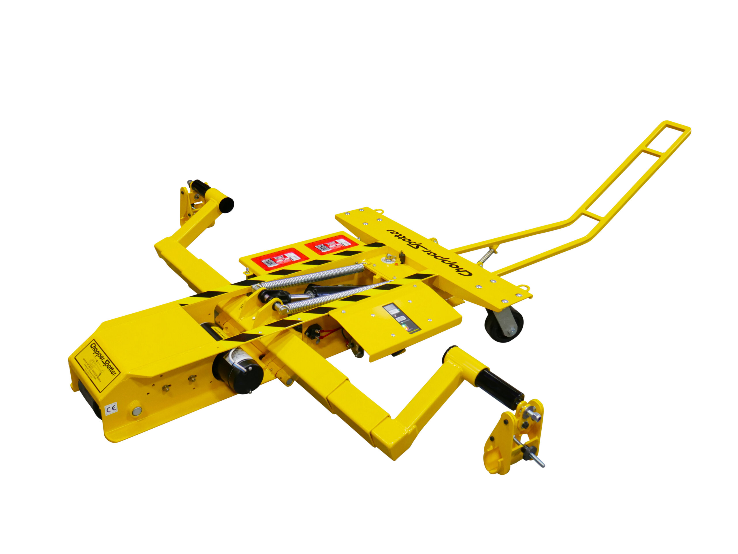 A yellow wheeled lifting tool with a long handle, designed for heavy-duty tasks. It has adjustable arms and a hydraulic mechanism for lifting. The brand name 