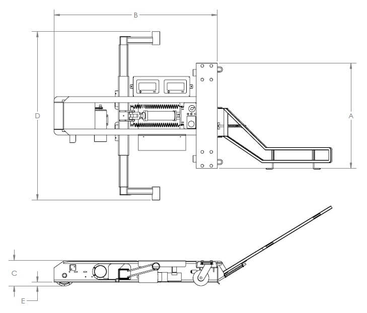 Technical diagram of a pallet jack from two perspectives (top and side views). The top view shows dimensions labeled A, B, and D. The side view shows dimensions labeled C and E. The detailed internals and components of the mechanism are visible.