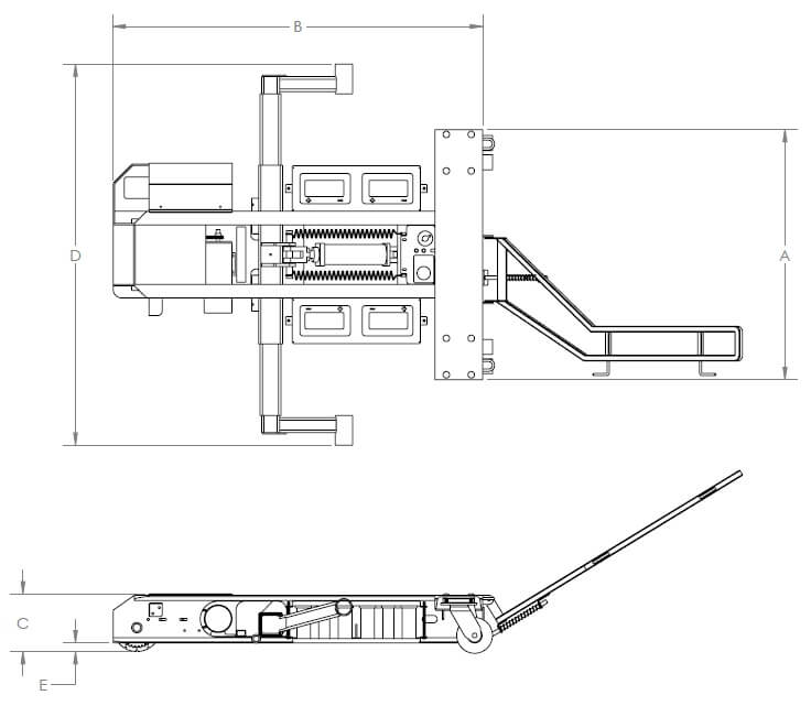Technical diagram showing top and side views of a pallet jack. The diagram includes labeled measurements A, B, C, D, and E, indicating various dimensions of the equipment. The top view shows the full width and length, while the side view shows the height and side profile.