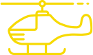 A simple yellow line drawing of a helicopter on a black background, showcasing its side profile with detailed rotor blades, cockpit, and landing skids.