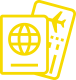 A yellow outline icon of a passport and a boarding pass. The passport features a globe symbol on the front cover, while the boarding pass shows an airplane symbol. The icons are overlapping, with the boarding pass partially tucked behind the passport.