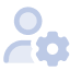 A light blue icon of a person with a gear symbol next to them, representing user settings or account management.