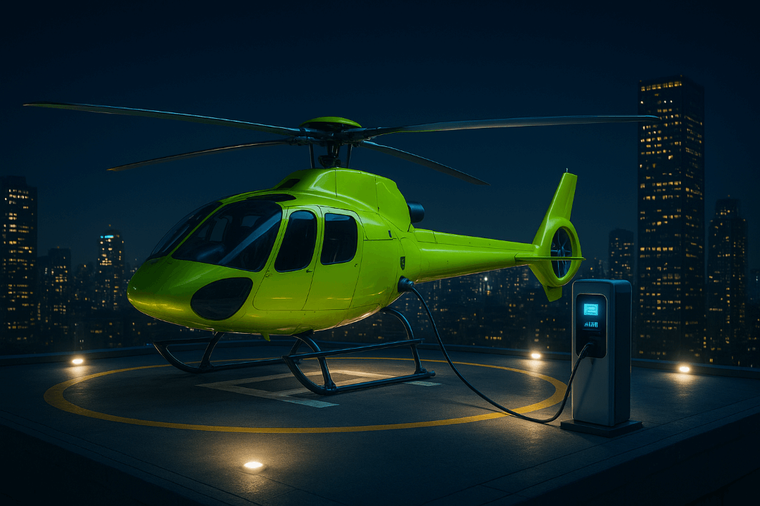 A bright green helicopter charges at an electric station on a rooftop helipad at night, with city skyscrapers illuminated in the background.