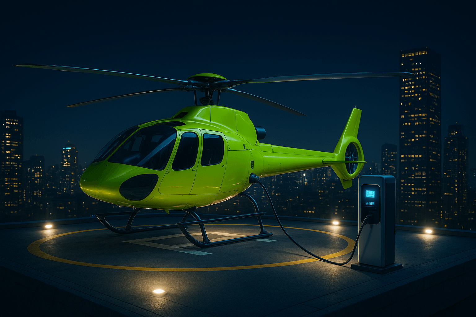 A bright yellow helicopter is parked on a rooftop helipad at night, plugged into an electric charging station, with city skyscrapers illuminated in the background.